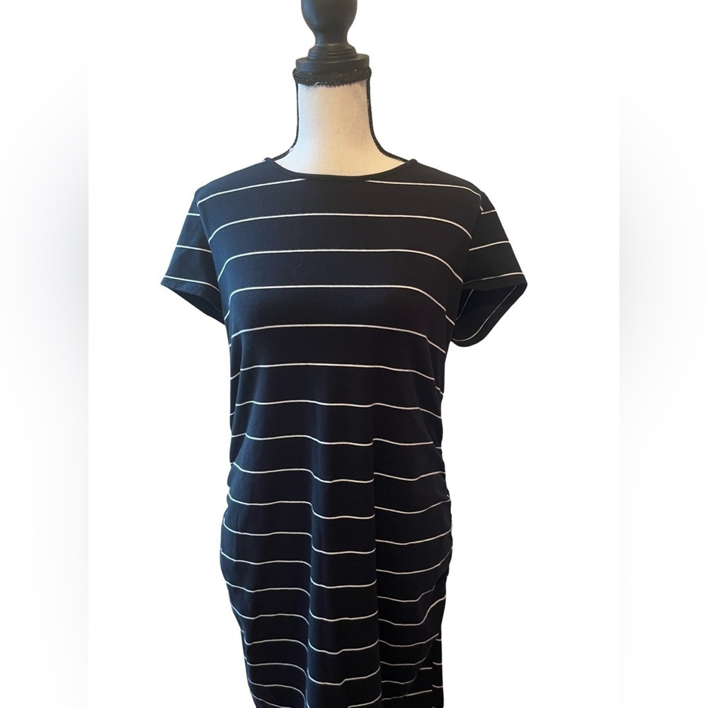 Isabel Maternity Dress L Black Stripe Short Sleeve Elastic Side Long Summer